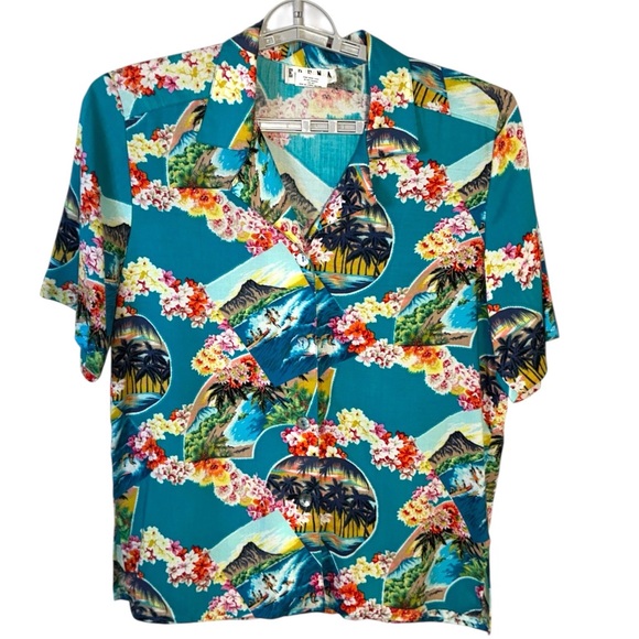 Erena Hawaiian Aloha Vintage Shirt Women Tropical Button up Teal Petite Medium - Picture 2 of 16